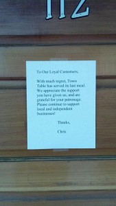 Note from Chris Russell outside of Town Table.