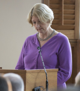 Chaplin Jan Fuller speaks on Thursday, February 12, 2015  at a vigil for 3 students murdered in Chapel Hill,  North Carolina on Tuesday, February 10, 2015 