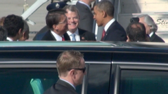 President Obama is greeted by Gov. Pat McCrory in RDU