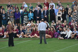 Elon football coach, Rich Skrosky, speaks to Elon community in a "Gathering of Friends" Thursday to remember Demitri Allison, who died Wednesday.