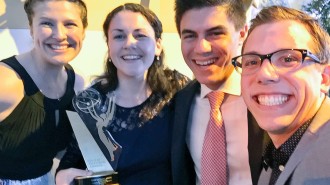 Members of Elon University’s “30 Minutes” news broadcast celebrate the program’s first-place finish in the magazine category of the 37th College Television Awards. Pictured (from left) are Jennie Hook ’16, Ryan Kathleen Greene ’15, Eric Halperin ’15 and Brian Mezerski ’15. Photo courtesy of Mezerski